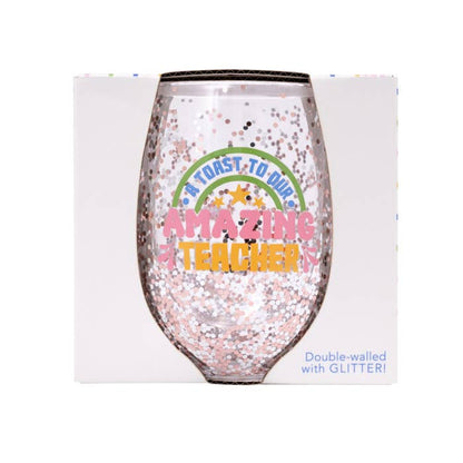 Teacher Amazing Glitter Wine Glass by Splosh with its gift box