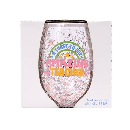 Teacher Amazing Glitter Wine Glass by Splosh with its gift box