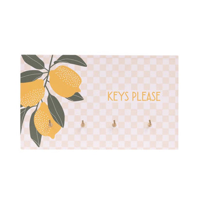 Tuscan Sun Key Hanger by Splosh - front with lemon print and gold hooks