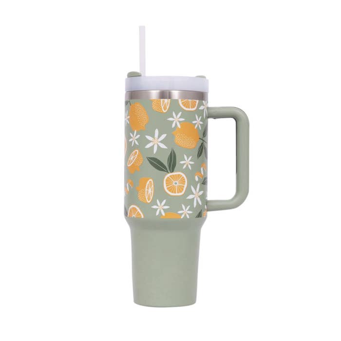 Tuscan Sun Insulated Tumbler by Splosh showing the handle, lid and straw