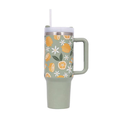 Tuscan Sun Insulated Tumbler by Splosh showing the handle, lid and straw