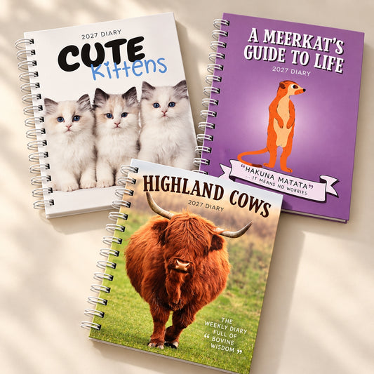 Three spiral-bound 2027 diaries arranged on a light beige background with soft shadows. The top-left diary is white with the title 'CUTE Kittens' and photos of three white kittens.