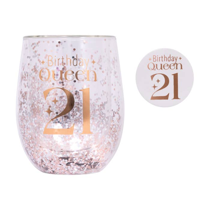 Celebration 21st Glitter Stemless Glass & Badge Set by Splosh with matching birthday badge