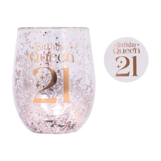 Celebration 21st Glitter Stemless Glass & Badge Set by Splosh with matching birthday badge