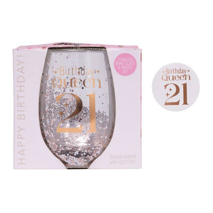 Celebration 21st Glitter Stemless Glass & Badge Set by Splosh in an open-faced gift box