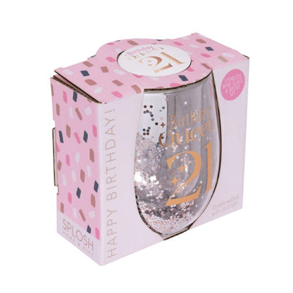 Celebration 21st Glitter Stemless Glass & Badge Set by Splosh showing the angled gift box