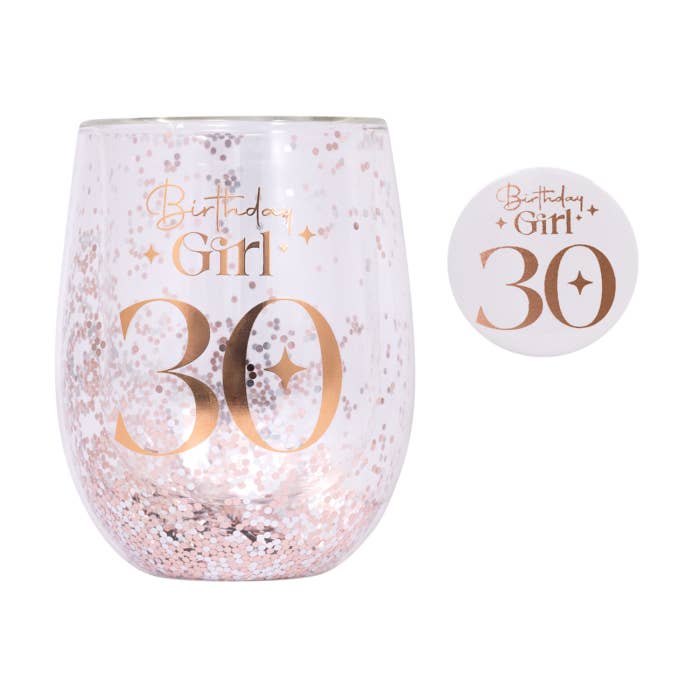 Celebration 30th Glitter Stemless Glass & Badge Set by Splosh with matching birthday badge