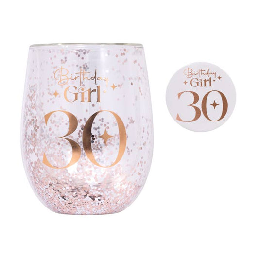Celebration 30th Glitter Stemless Glass & Badge Set by Splosh with matching birthday badge