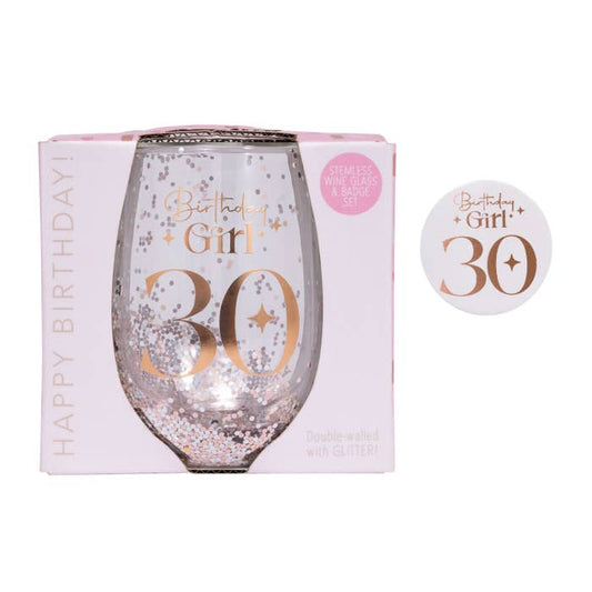 Celebration 30th Glitter Stemless Glass & Badge Set by Splosh in an open-faced gift box