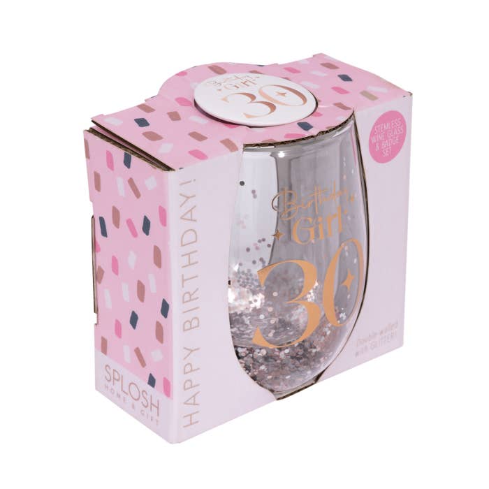 Celebration 30th Glitter Stemless Glass & Badge Set by Splosh showing the angled gift box