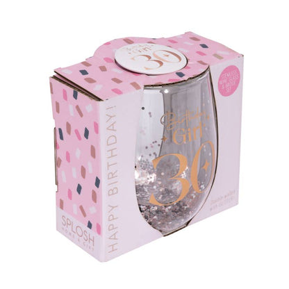 Celebration 30th Glitter Stemless Glass & Badge Set by Splosh showing the angled gift box