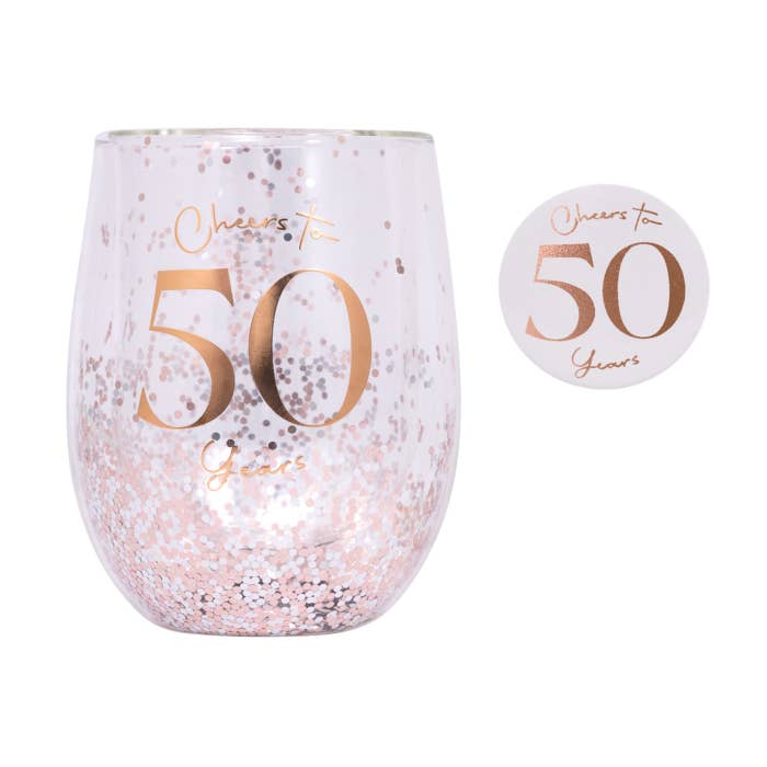 Celebration 50th Glitter Stemless Glass & Badge Set by Splosh with matching birthday badge