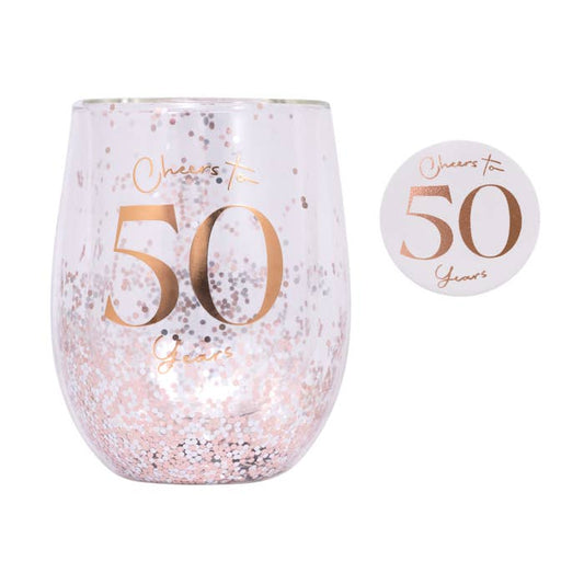 Celebration 50th Glitter Stemless Glass & Badge Set by Splosh with matching birthday badge
