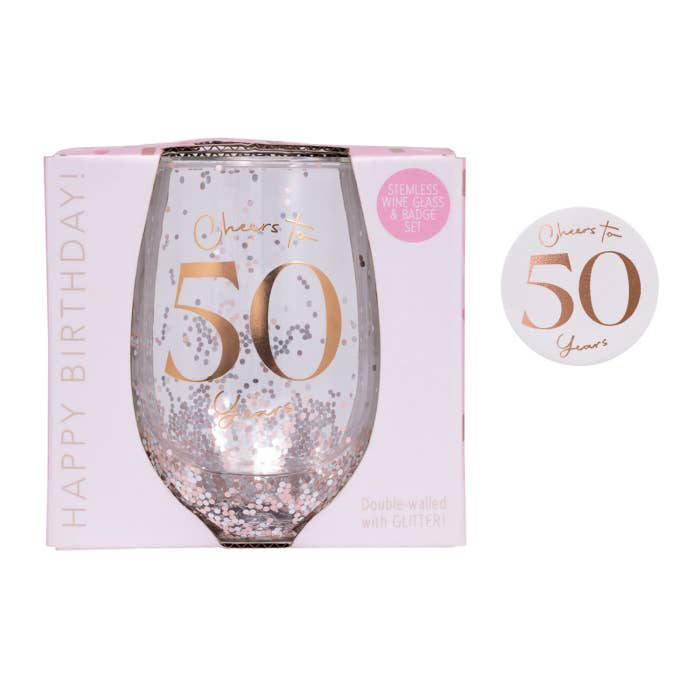 Celebration 50th Glitter Stemless Glass & Badge Set by Splosh in an open-faced gift box