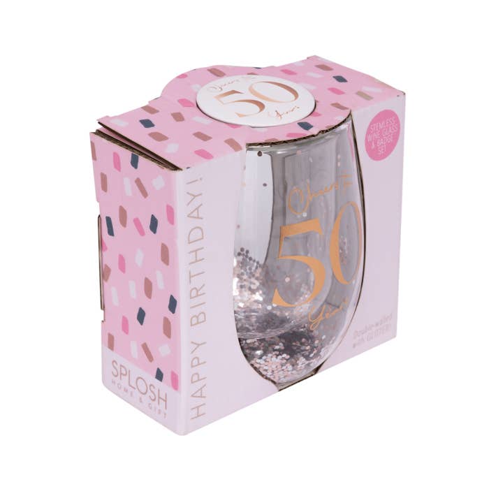 Celebration 50th Glitter Stemless Glass & Badge Set by Splosh showing the angled gift box