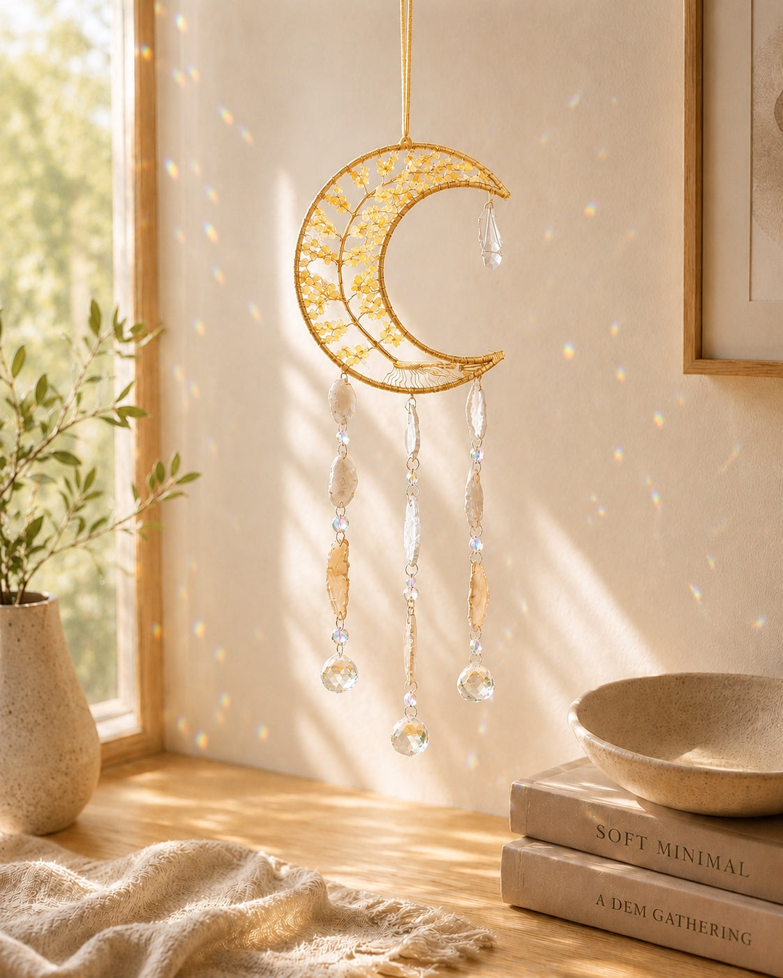 Golden crescent moon natural crystal dream catcher hanging beside a sunlit window as warm celestial-inspired boho home decor.