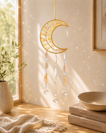 Golden crescent moon natural crystal dream catcher hanging beside a sunlit window as warm celestial-inspired boho home decor.