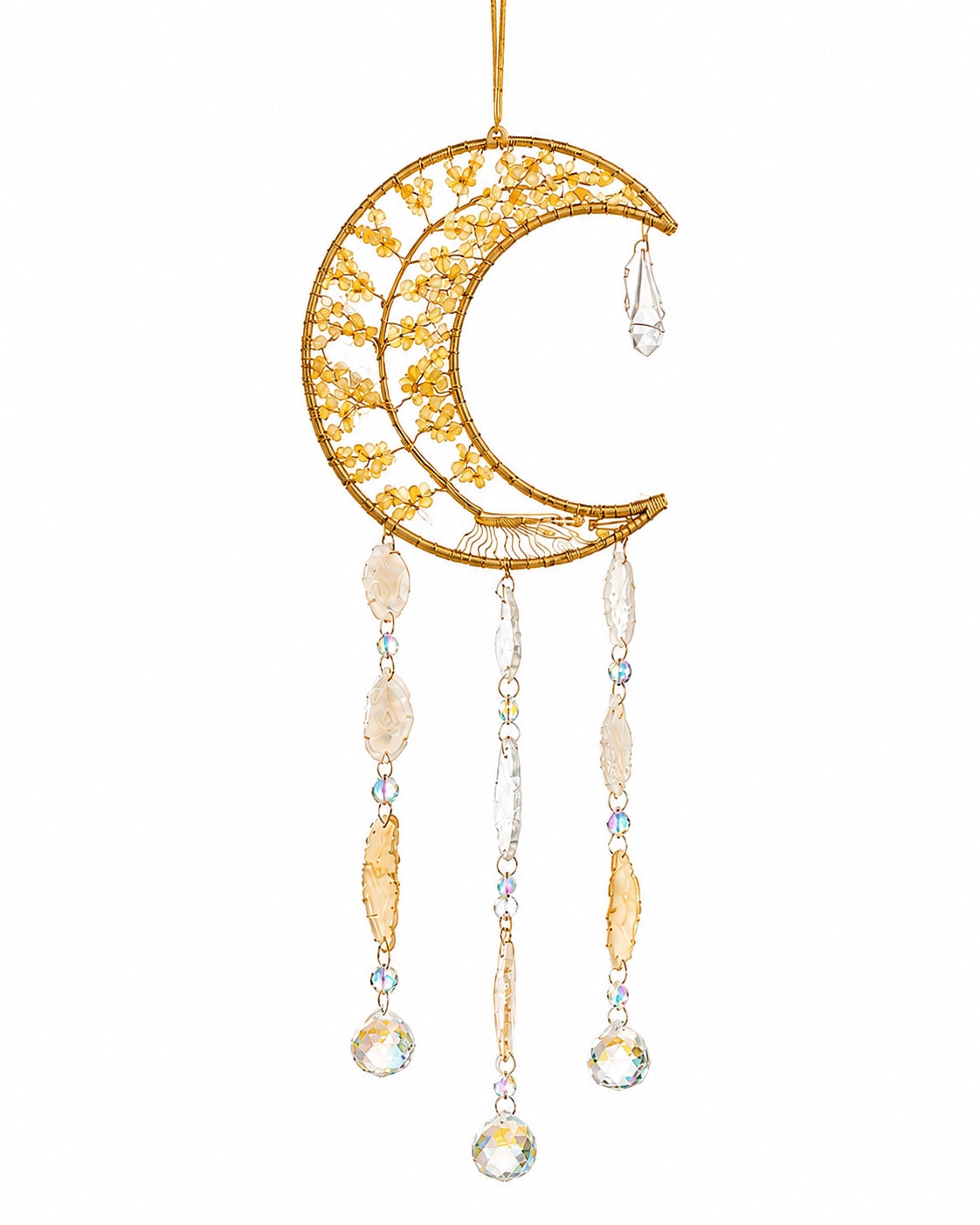 Full view of a golden crescent moon crystal suncatcher with warm gemstone chips, delicate chains and sparkling crystal pendants.