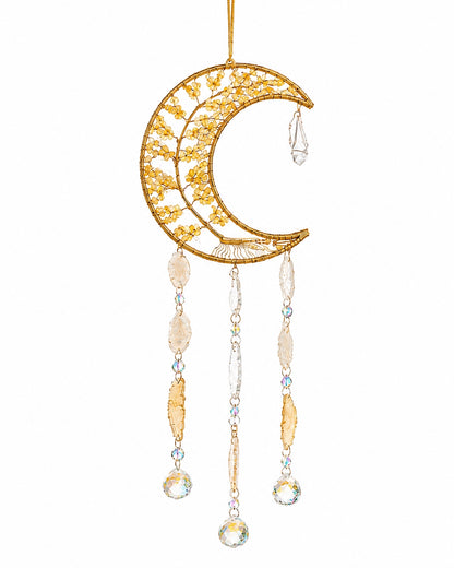 Full view of a golden crescent moon crystal suncatcher with warm gemstone chips, delicate chains and sparkling crystal pendants.