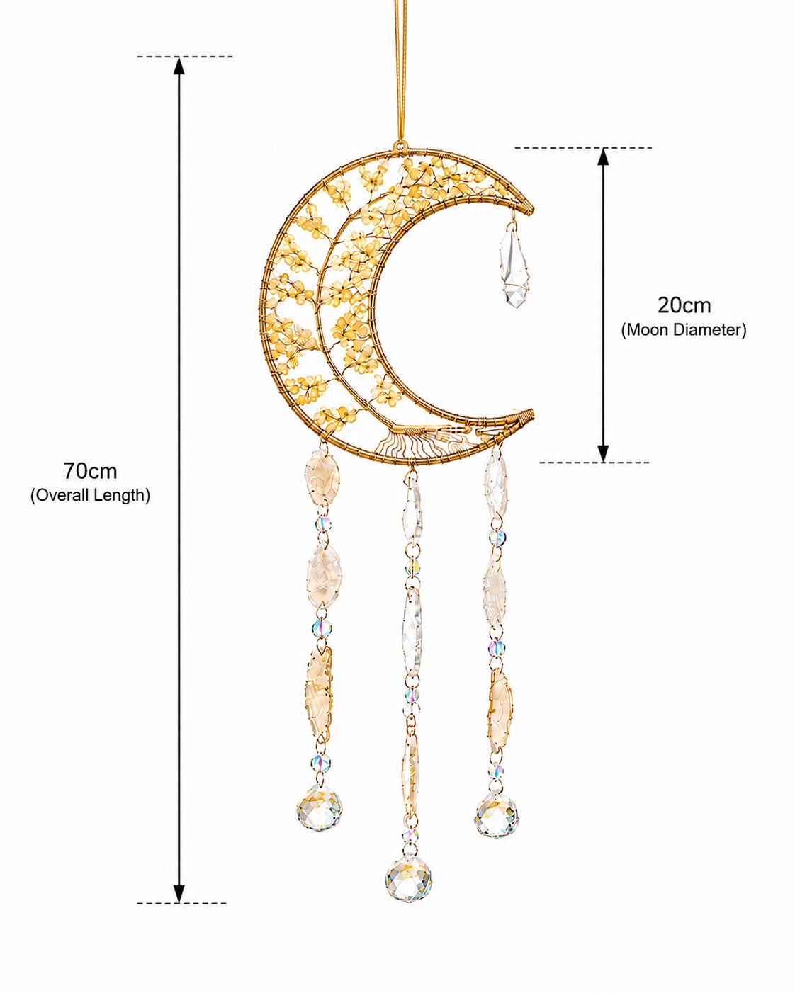 Golden crescent moon natural crystal dream catcher with hanging prisms and agate slices, shown with detailed measurements on a white background.