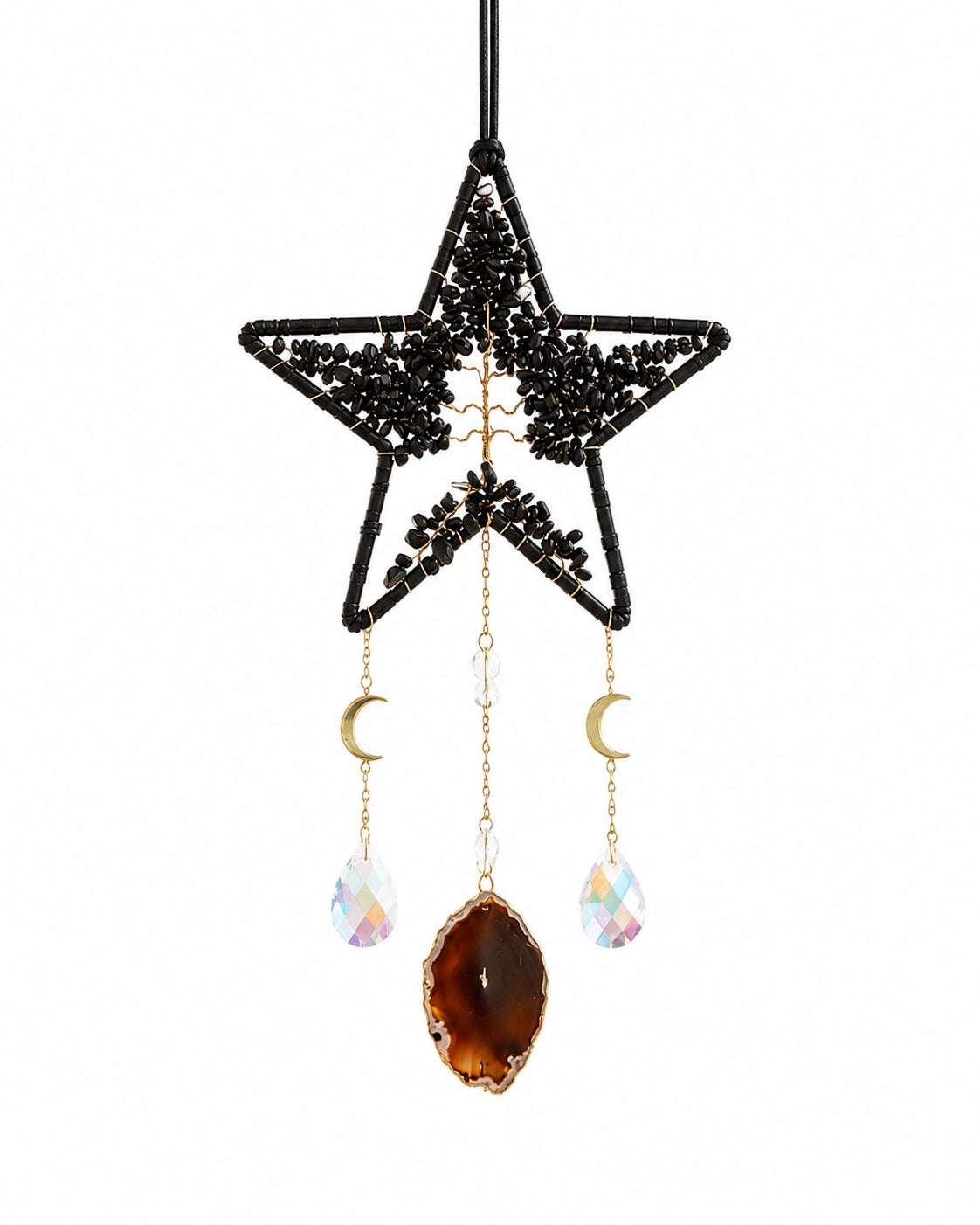 Full view of a black star-shaped crystal suncatcher with natural gemstone chips, delicate bead chains and a dark stone pendant.