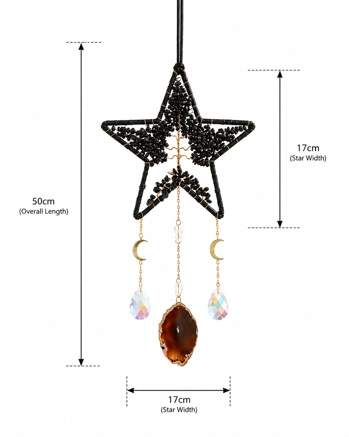 Black star-shaped natural crystal dream catcher with hanging gemstone pendants, shown with detailed product measurements on a white background.