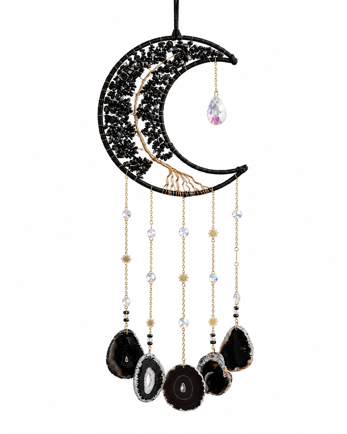 Full view of a black crescent moon crystal suncatcher with dark gemstone chips, delicate chains and natural agate pendants.