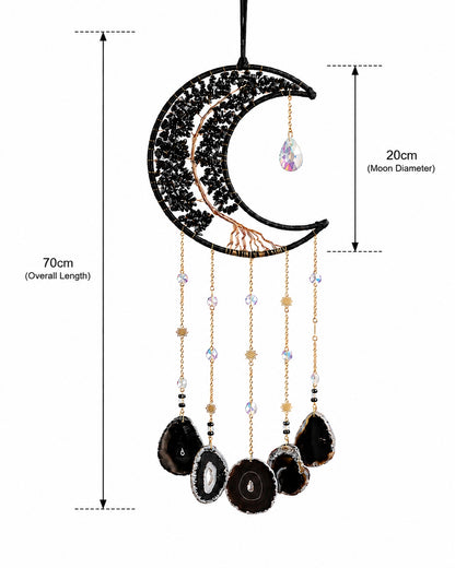 Black crescent moon natural crystal dream catcher with hanging agate slices, shown with detailed product measurements on a white background.