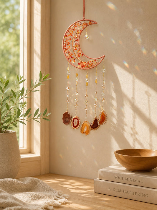 Orange crescent moon crystal dream catcher hanging in a sunlit room as warm and earthy boho home decor.