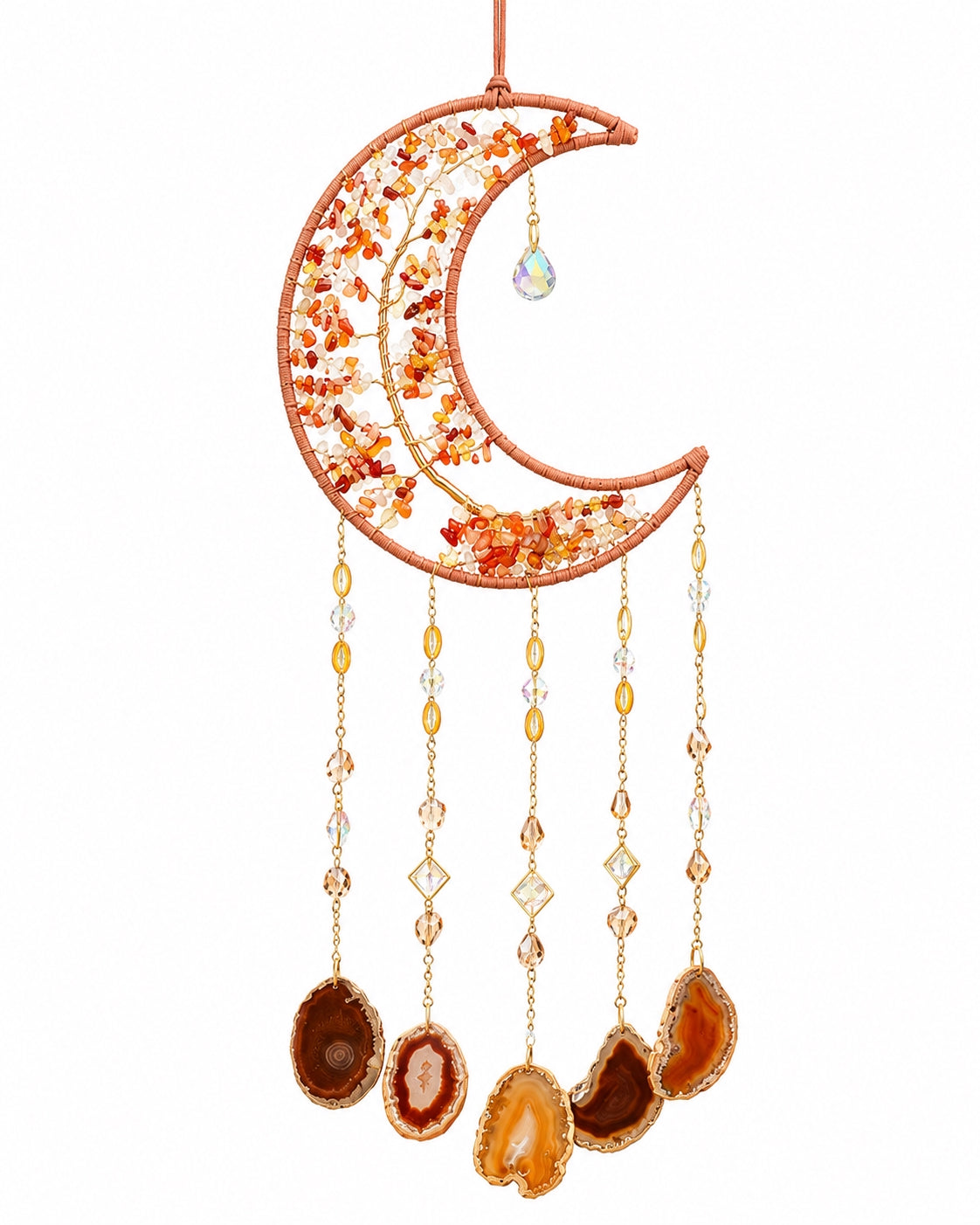 Full view of an orange crescent moon crystal suncatcher with warm-toned gemstone chips, bead chains and natural agate pendants.