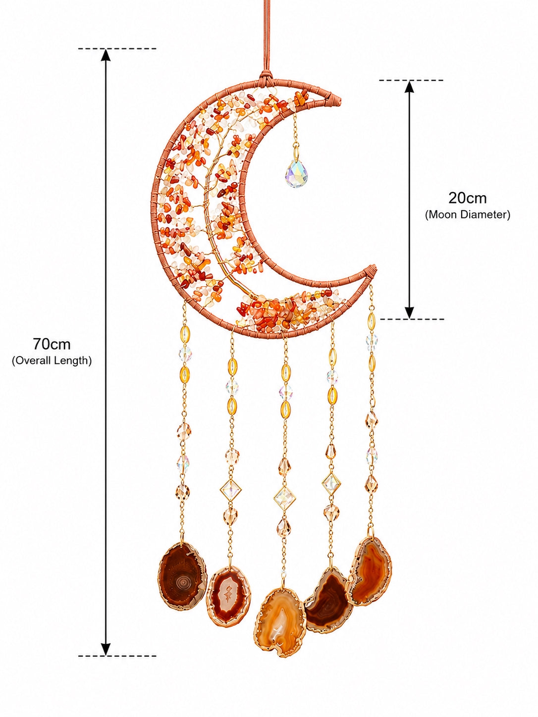 Orange crescent moon natural crystal dream catcher with hanging agate slices, shown with detailed product measurements on a white background.