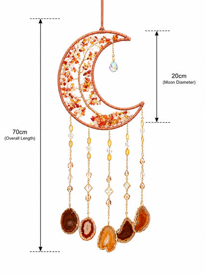 Orange crescent moon natural crystal dream catcher with hanging agate slices, shown with detailed product measurements on a white background.