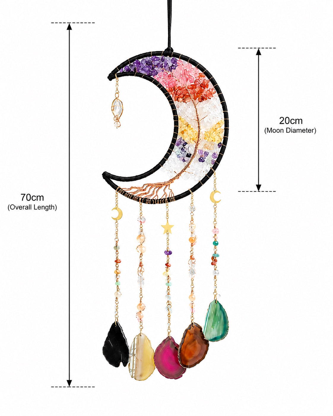 Rainbow crescent moon natural crystal dream catcher with colourful agate pendants, shown with detailed product measurements on a white background.
