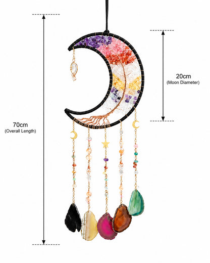 Rainbow crescent moon natural crystal dream catcher with colourful agate pendants, shown with detailed product measurements on a white background.