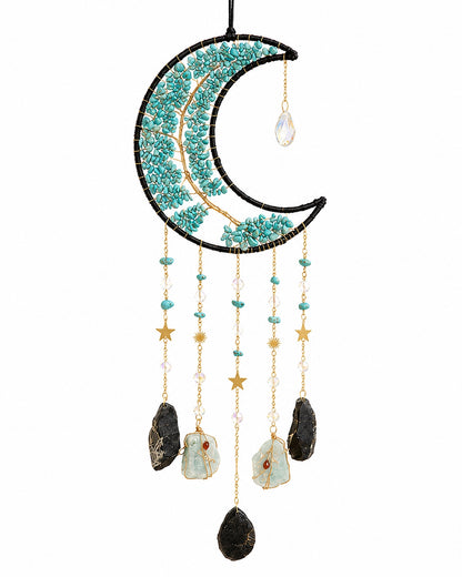Full view of a turquoise crescent moon crystal suncatcher with natural gemstone chips, colourful beads and dark stone pendants.