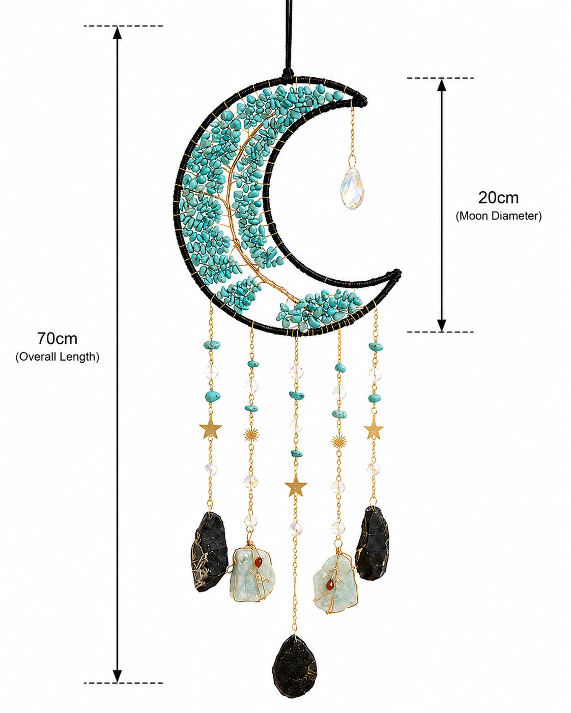 Turquoise crescent moon natural crystal dream catcher with hanging gemstone pendants, shown with detailed product measurements on a white background.