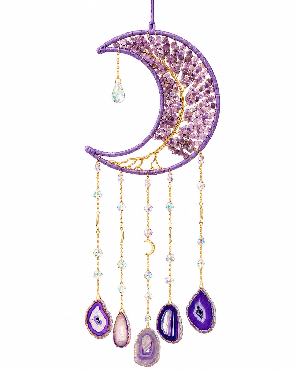 Full view of a purple crescent moon crystal suncatcher with natural gemstone chips, gold-toned chains and polished agate pendants.