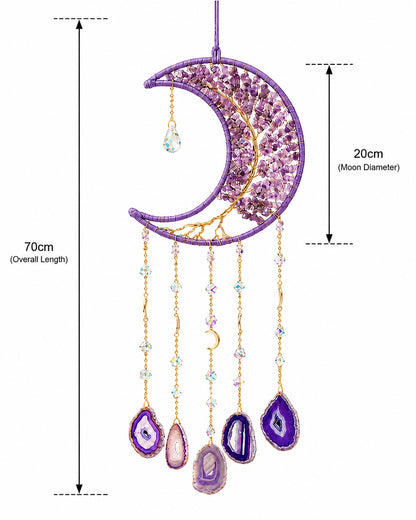 Purple crescent moon natural crystal dream catcher with hanging agate slices, shown with detailed length and frame measurements on a white background.