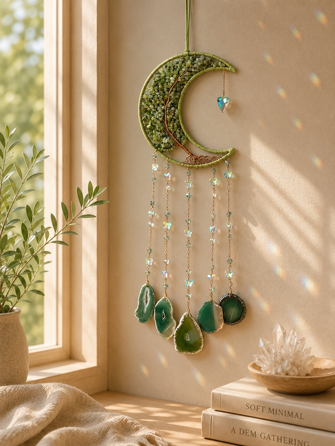 Green crescent moon crystal dream catcher hanging beside a sunlit window as vibrant botanical-inspired boho home decor.