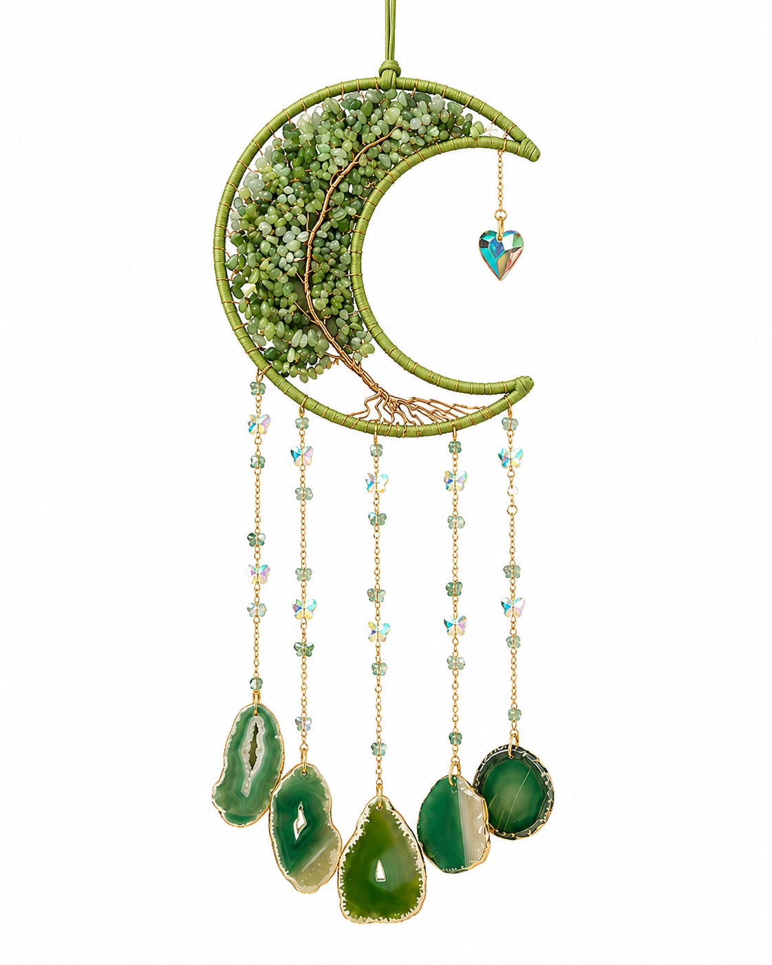 Full view of a green crescent moon crystal suncatcher with natural gemstone chips, delicate chains and green agate pendants.
