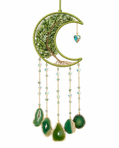 Full view of a green crescent moon crystal suncatcher with natural gemstone chips, delicate chains and green agate pendants.