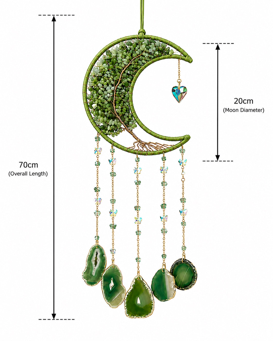 Green crescent moon natural crystal dream catcher with hanging agate slices, shown with detailed product measurements on a white background.
