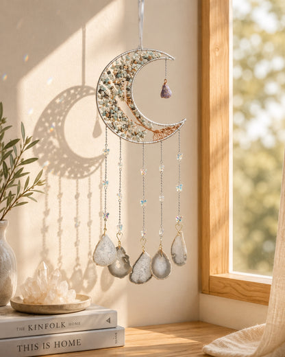 Green crescent moon crystal dream catcher hanging beside a sunlit window as an earthy piece of boho home decor.