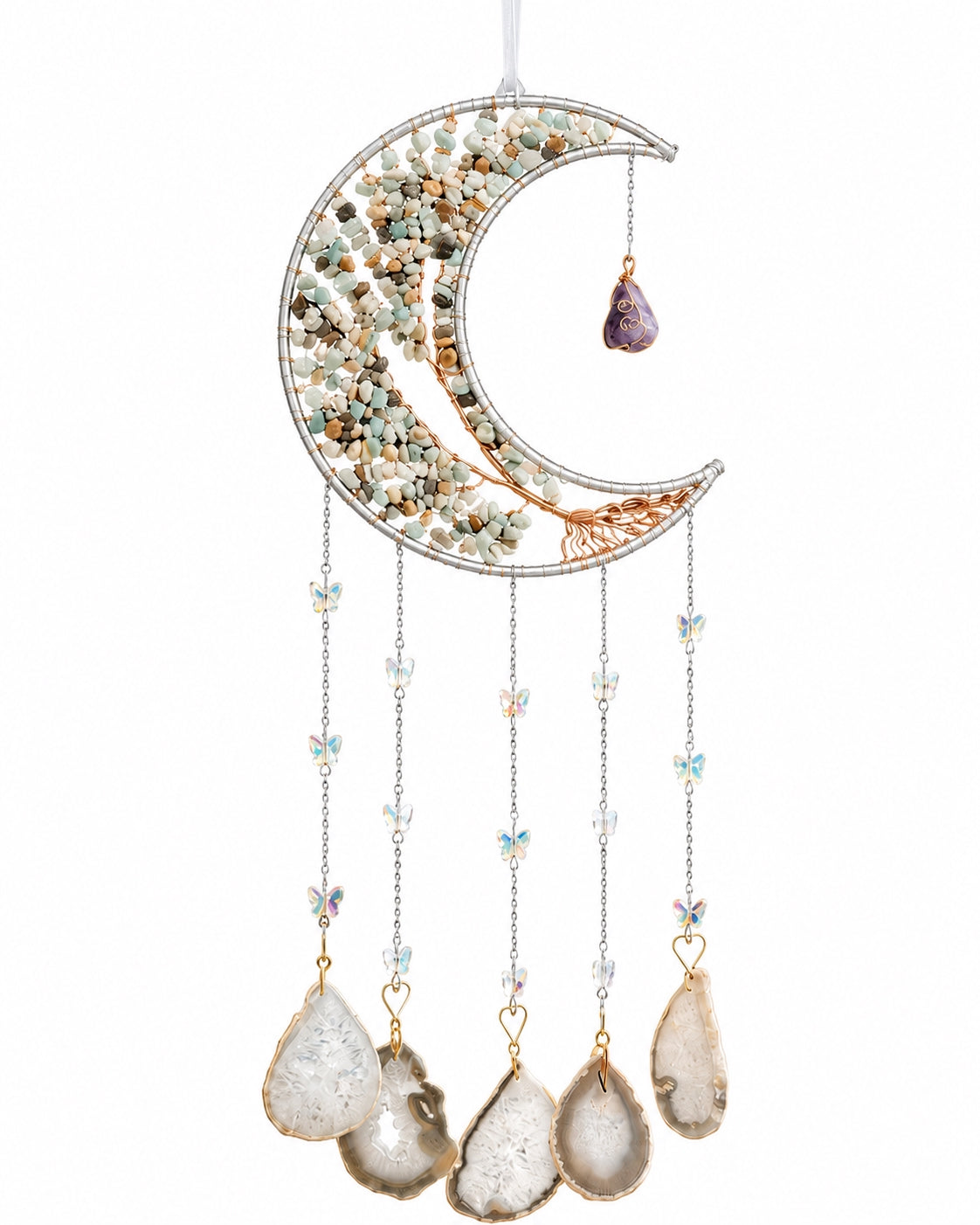 Full view of a green crescent moon crystal suncatcher with natural gemstone chips, bead chains and translucent agate pendants.