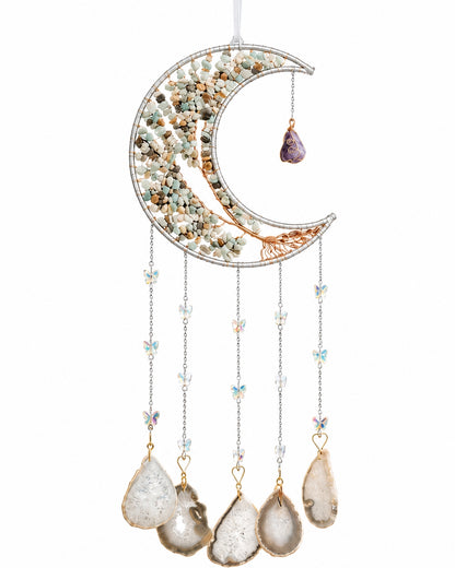 Full view of a green crescent moon crystal suncatcher with natural gemstone chips, bead chains and translucent agate pendants.