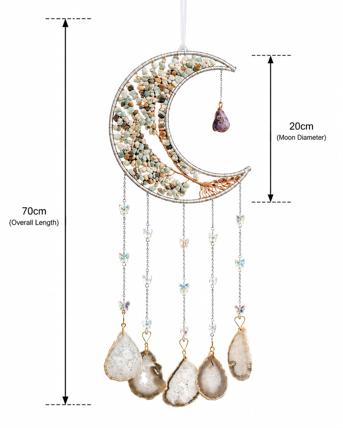 Crescent moon natural crystal dream catcher with hanging agate slices, shown with detailed length and frame measurements on a white background.