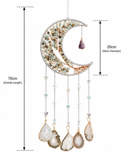Crescent moon natural crystal dream catcher with hanging agate slices, shown with detailed length and frame measurements on a white background.