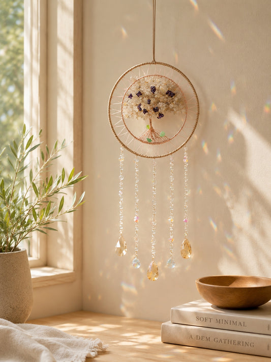 Neutral-toned crystal dream catcher hanging beside a sunlit window as an elegant piece of warm boho home decor.