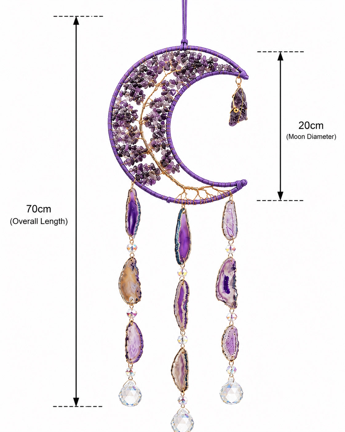 Purple crescent moon crystal dream catcher with gemstone strands and rainbow prisms, shown with detailed product measurements on a white background.