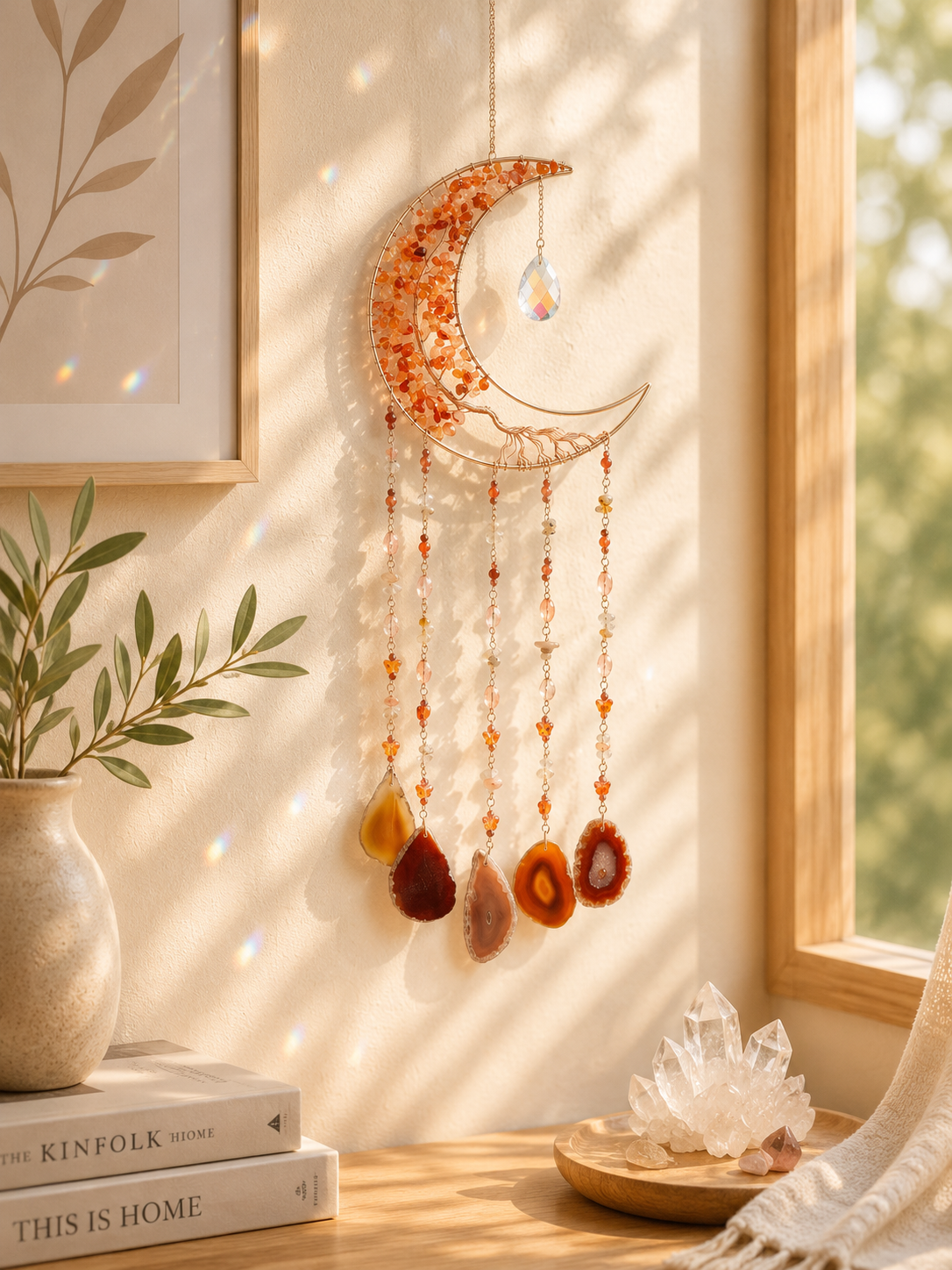 A crescent moon window wall hanging ornament with dangling agate-like stones in warm orange, brown, and amber tones, displayed on a sunlit wall beside a window.